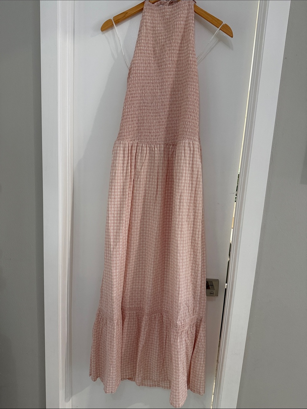 Women's Light Pink Halter Maxi Dress with Smocked Bodice